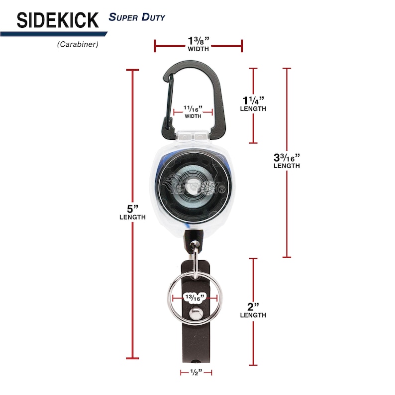 May include: A black and silver Sidekick Super Duty retractable carabiner with a 5-inch length. The carabiner has a 1 3/8-inch width and a 1 1/4-inch length. It includes a key ring and a black leather strap.