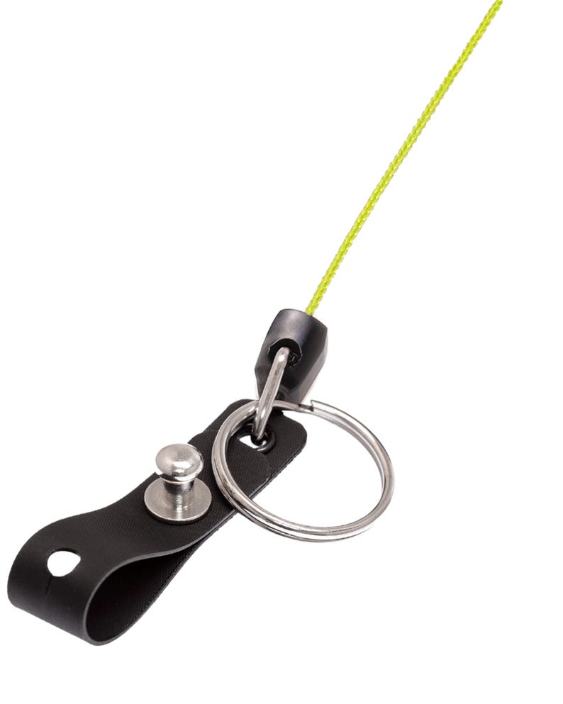 May include: A black leather keychain strap with a silver metal split ring and a silver rivet. A neon green cord extends from a black plastic connector attached to the split ring.