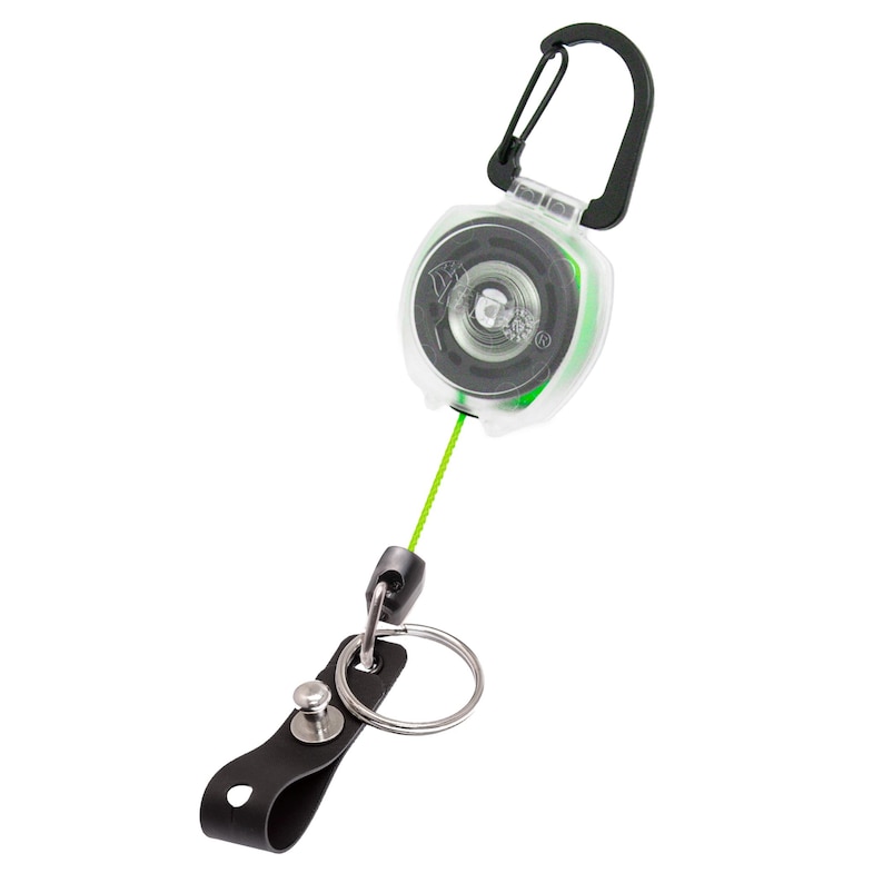 May include: A retractable key reel with a black carabiner clip and a clear plastic casing. The reel has a neon green cord and a black leather key fob with a silver key ring. The key reel is designed to attach to a belt loop or bag.
