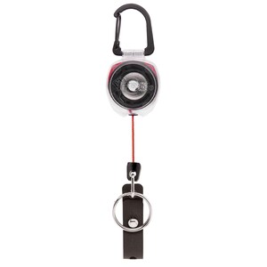 May include: A retractable key reel with a black carabiner clip and a clear plastic casing. The reel has a red cord extending to a black leatherette fob with a silver key ring. The key reel is designed for attaching keys or small items.