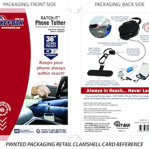 May include: Printed retail packaging for a KEY-BAK RATCH-IT Phone Tether. The front side features the brand logo and product name, with a red and white color scheme. The back side shows product features, including a 36-inch cord reach and belt clip attachment.
