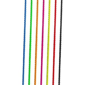 May include: A collection of colorful cords in blue, green, orange, pink, yellow, red, and black, suspended from a black bar. The cords are braided and hang vertically against a white background. Text reads "The Only Color Cords on the Market."