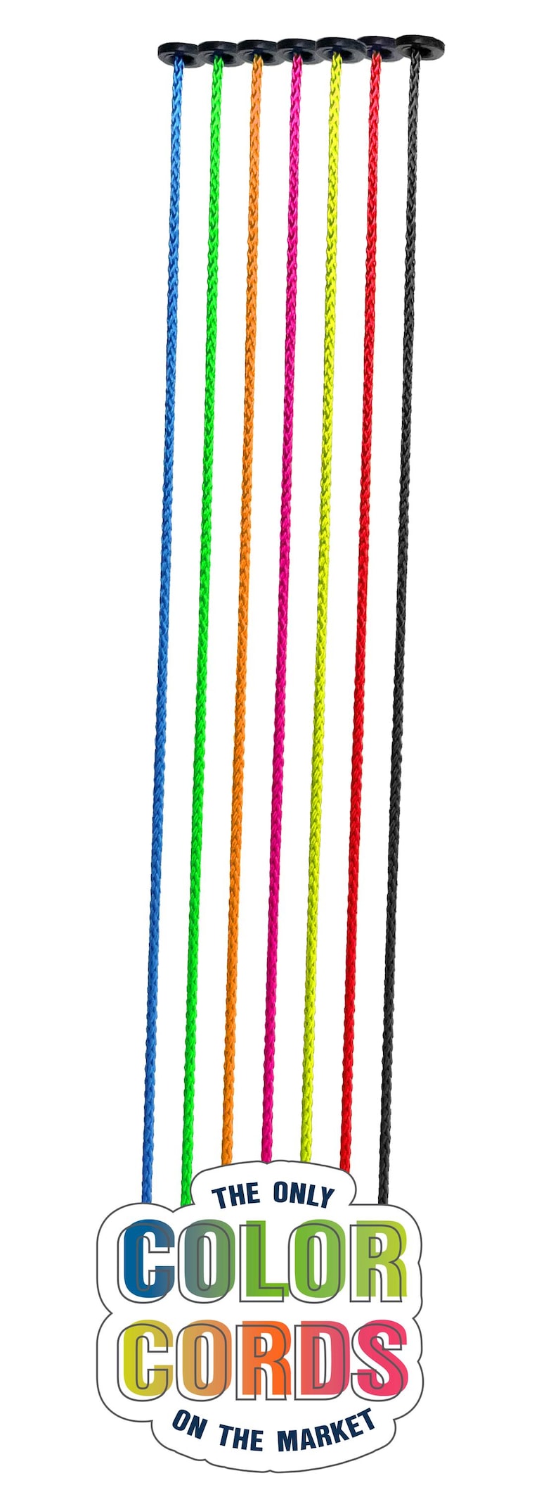 May include: A collection of colorful cords in blue, green, orange, pink, yellow, red, and black, suspended from a black bar. The cords are braided and hang vertically against a white background. Text reads "The Only Color Cords on the Market."