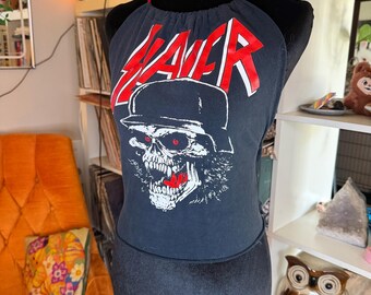 Slayer Skull Halter up cycled  Crop Top in Black and Red