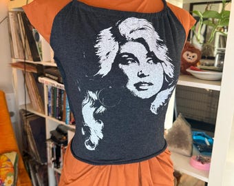 Women's Graphic Up cycled Crop Top with Dolly Parton Portrait - Black/ White