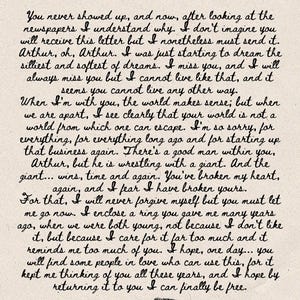 Könnte beinhalten: Ein handgeschriebener Brief auf gealtertem Papier, adressiert an "Arthur". Der Text ist in schwarzer Tinte geschrieben, mit einem Kussmund und dem Abschiedsgruß "Goodbye, Mary". Das Thema ist eine persönliche Nachricht.