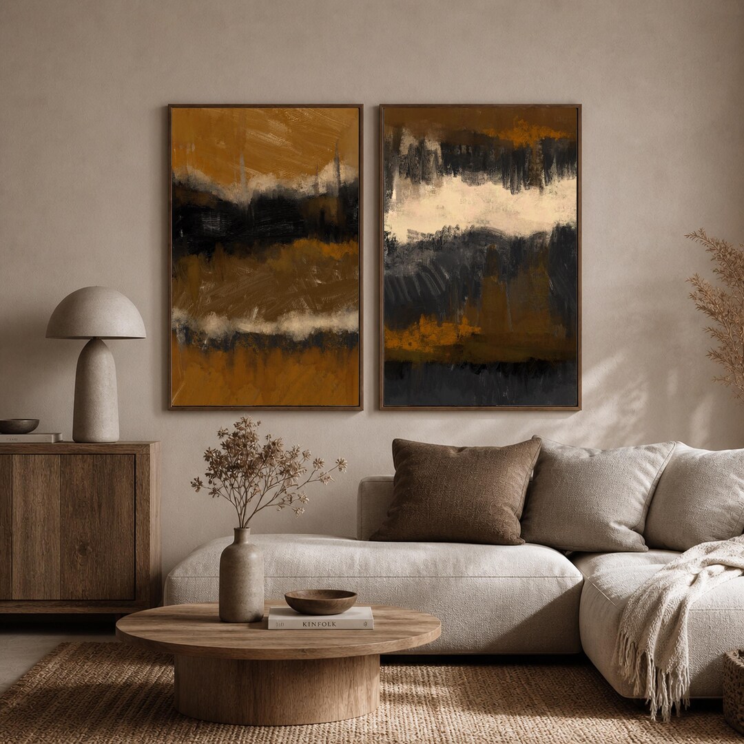 Neutral Abstract Wall Art Set of 2, Brown Black Beige Oil Painting ...