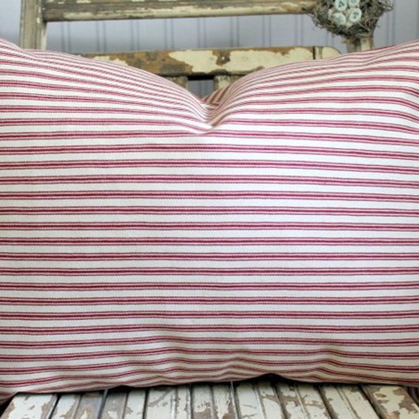Red Ticking Decorative Pillow Cover Button Closure 16 x 24