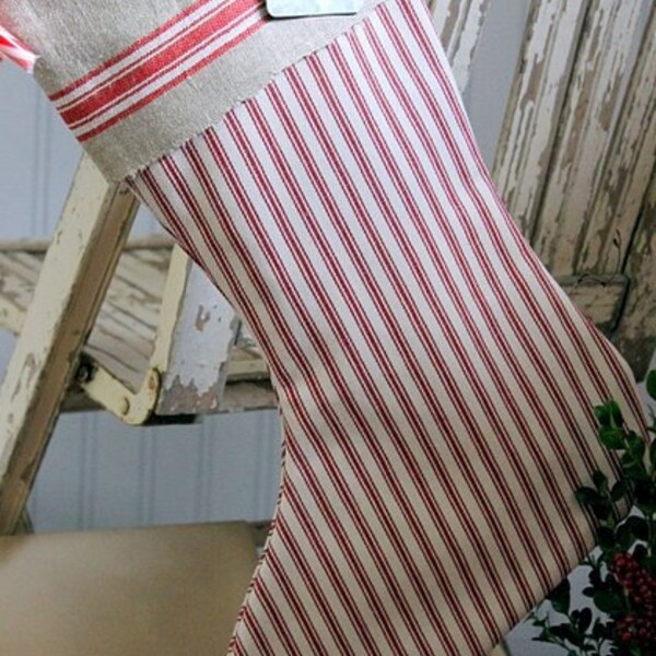 Christmas Stocking Red Pottery Barn Ticking with red striped mangle cloth cuff