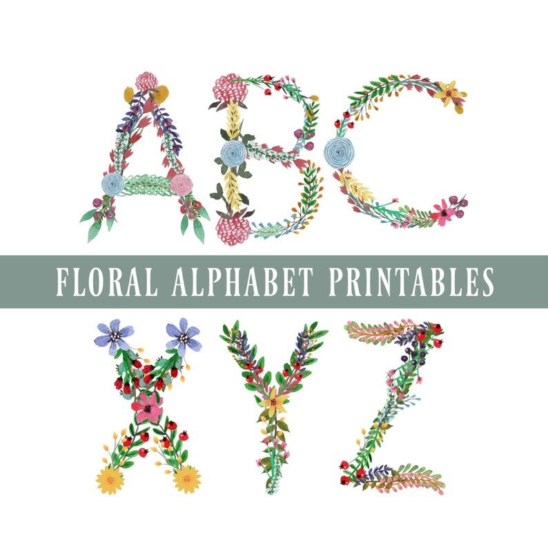Floral Alphabet Clipart, Letters Clipart, Floral Alphabet Printables, Digital Download, Floral Digital Letters, Floral Font Clipart image 1