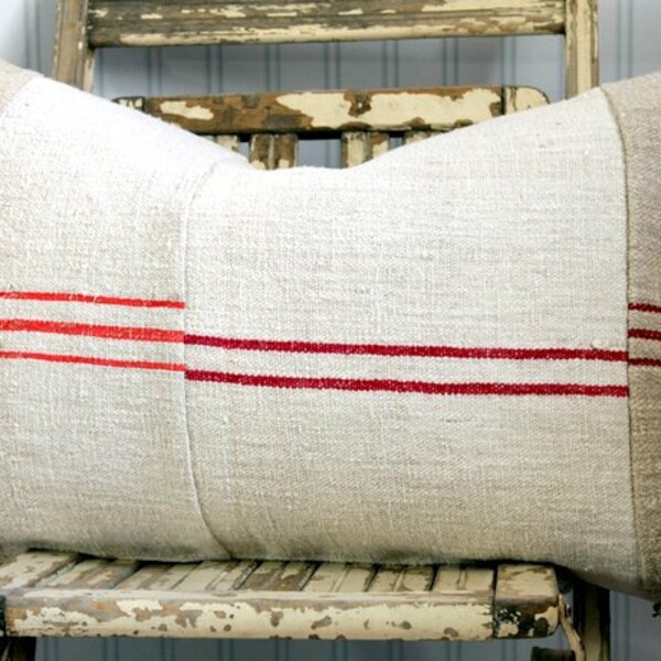 Grain Sack Decorative Pillow Cover European Vintage Red stripes 24 x 16 button closure