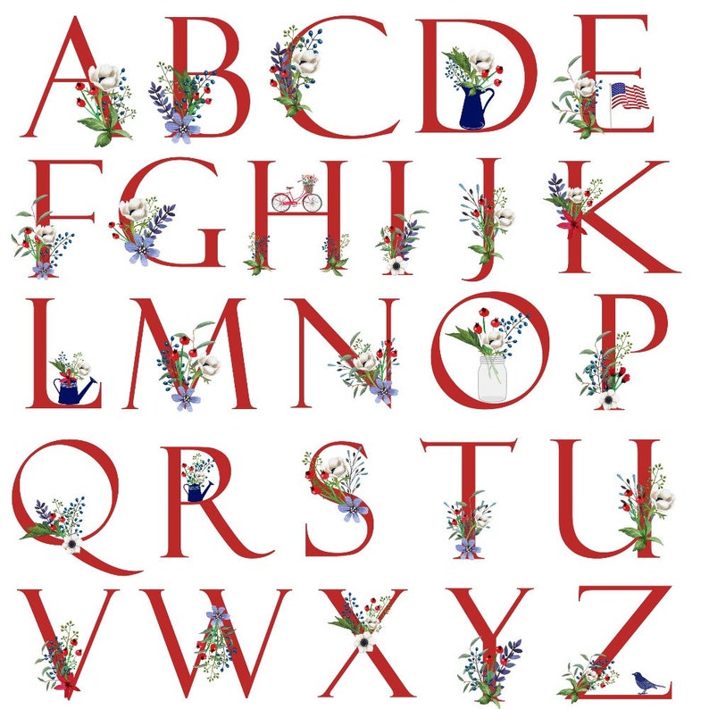 Patriotic Floral Alphabet Clipart Letters Clipart Red - Etsy