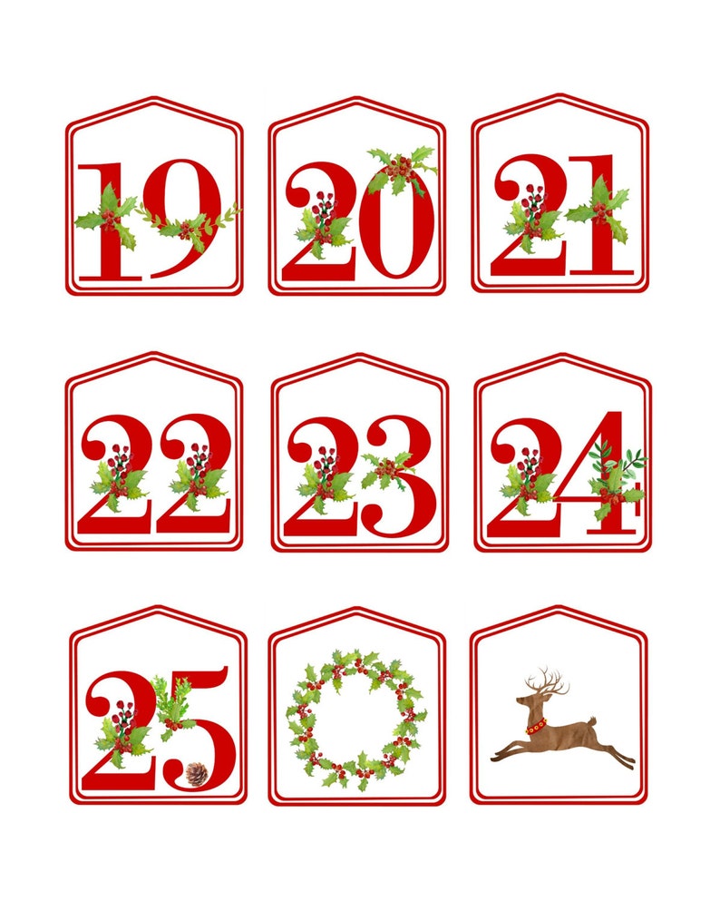 Diy christmas advent calendar red printable numbers 1 25 etsy