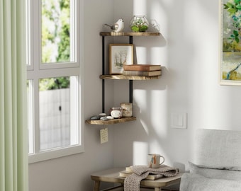 Rustic Wood 5-Tier Corner Floating Shelf, Minimal Wall Decor