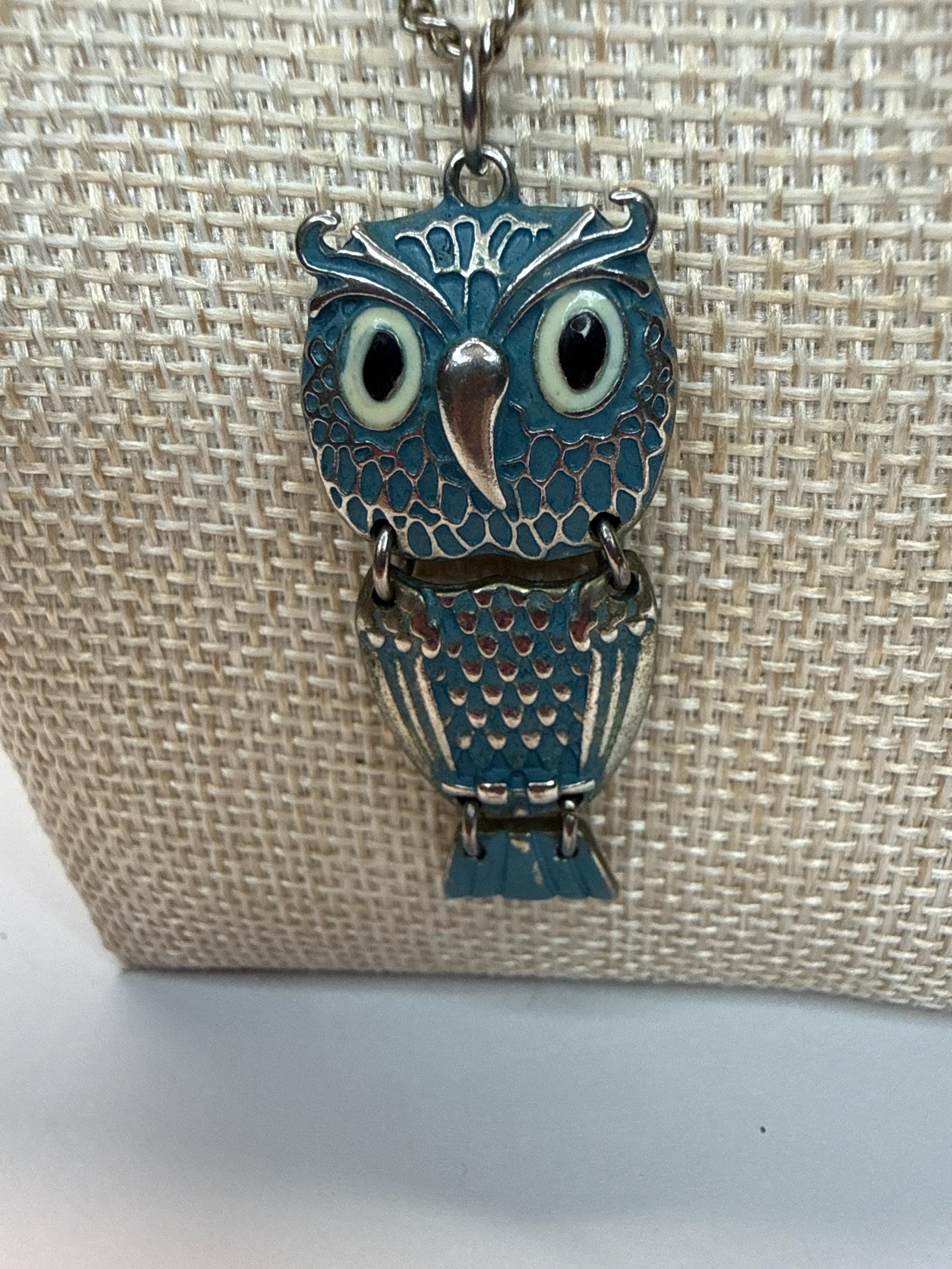 Vintage Teal Enamel Articulated Owl Pendant Necklace, Whimsical Figural Jewelry (18&ndash;20")
