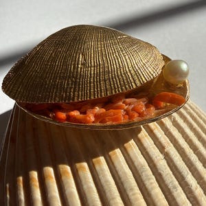 May include: A gold-colored seashell-shaped jewelry piece, open to reveal coral-colored fragments and a single pearl. The piece sits atop a larger, textured seashell, creating a layered effect.