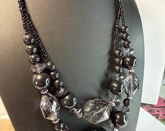 Black Statement Necklace: Double Strand Smoky Crystal Acrylic Beads (17-19 Inch)
