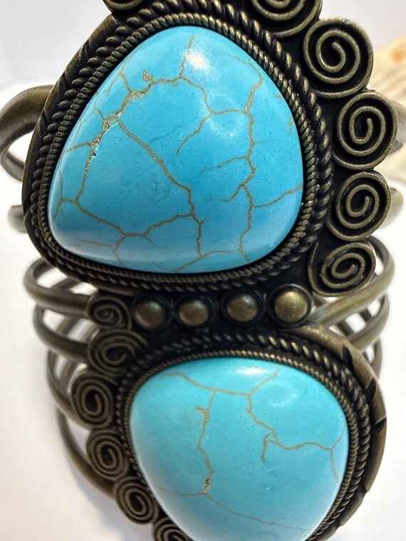Boho Turquoise Cuff Bracelet Statement Bronze Ton… - image 3