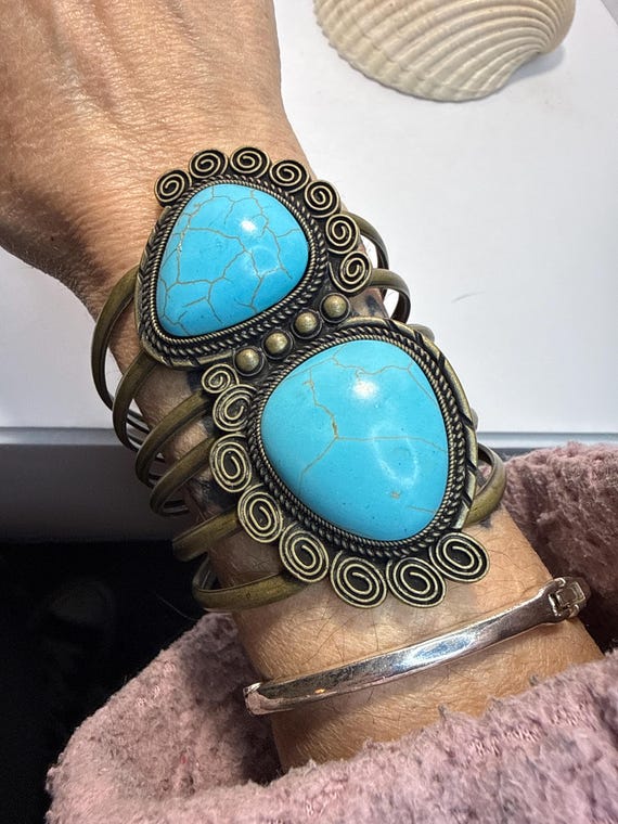 Boho Turquoise Cuff Bracelet Statement Bronze Ton… - image 2