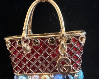 Betsey Johnson Rhinestone Handbag Pendant Necklace Red Purse Charm Colorful Beads