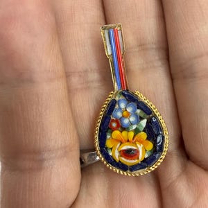 Vintage Micro Mosaic Mandolin Brooch Italian Style Floral Glass Petite Gold Tone Pin