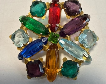 Vintage Multicolor Rhinestone Brooch Gold Tone Starburst Confetti Pin Jewel Tone Mid Century Statement