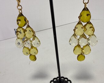 Olive Green Chandelier Earrings, Gold Tone Faceted Briolette Dangle Statement Jewelry