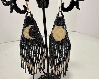 Crescent Moon Beaded Fringe Earrings Black Boho Statement Long Dangle Celestial Seed Bead Earrings