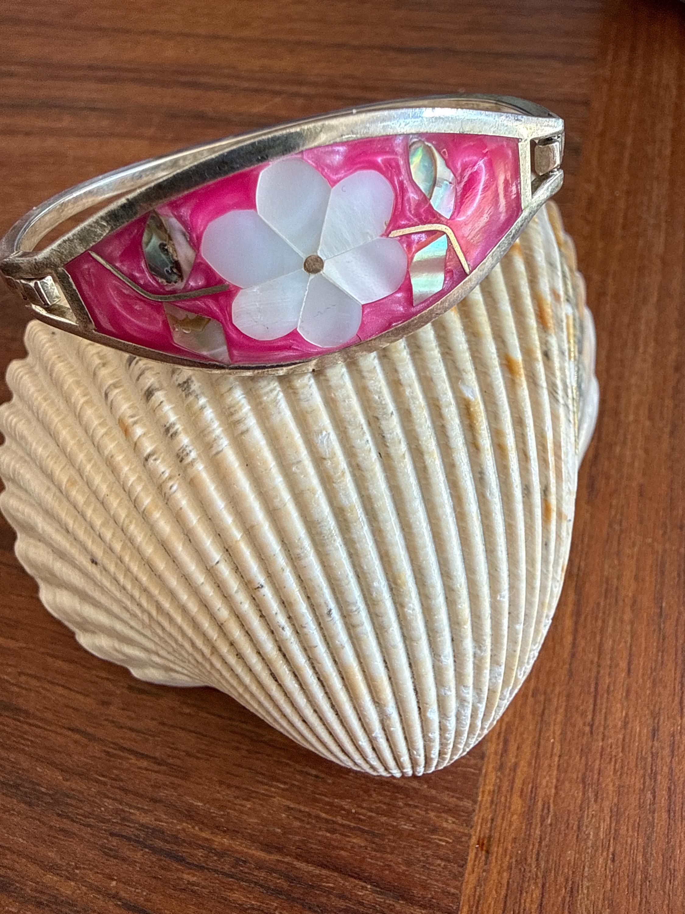 Vintage Alpaca Mexico Hinged Bracelet, Mother of Pearl Abalone