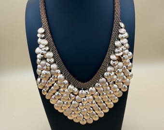 Statement Bib Necklace | Mixed Metal Gold Tone Discs, Woven Collar, Runway Style