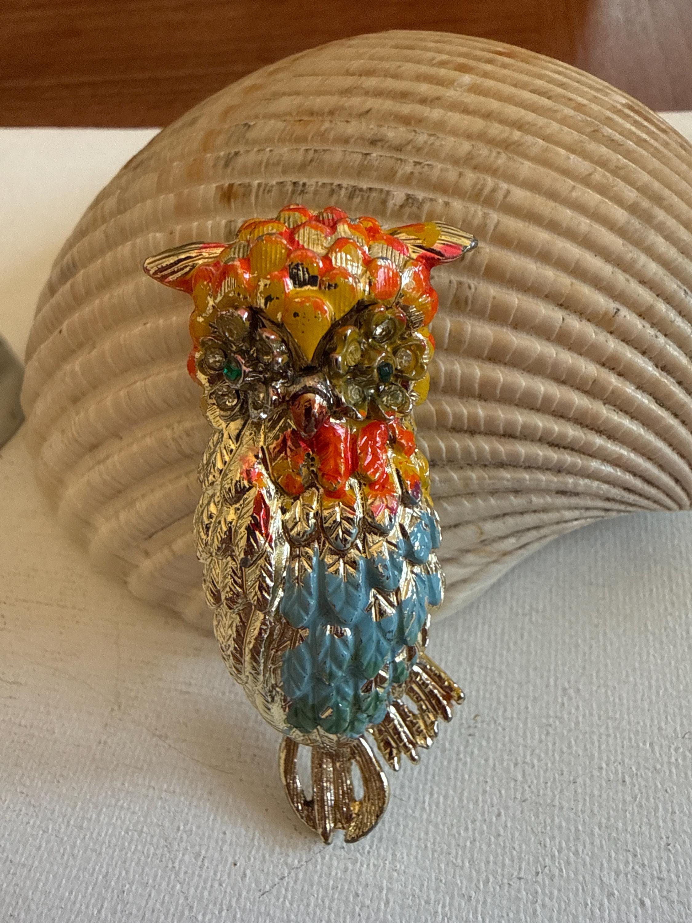 Vintage Colorful Owl Brooch Gold Tone Enamel Rhinestone Eyes Figural Mid Century Statement Pin