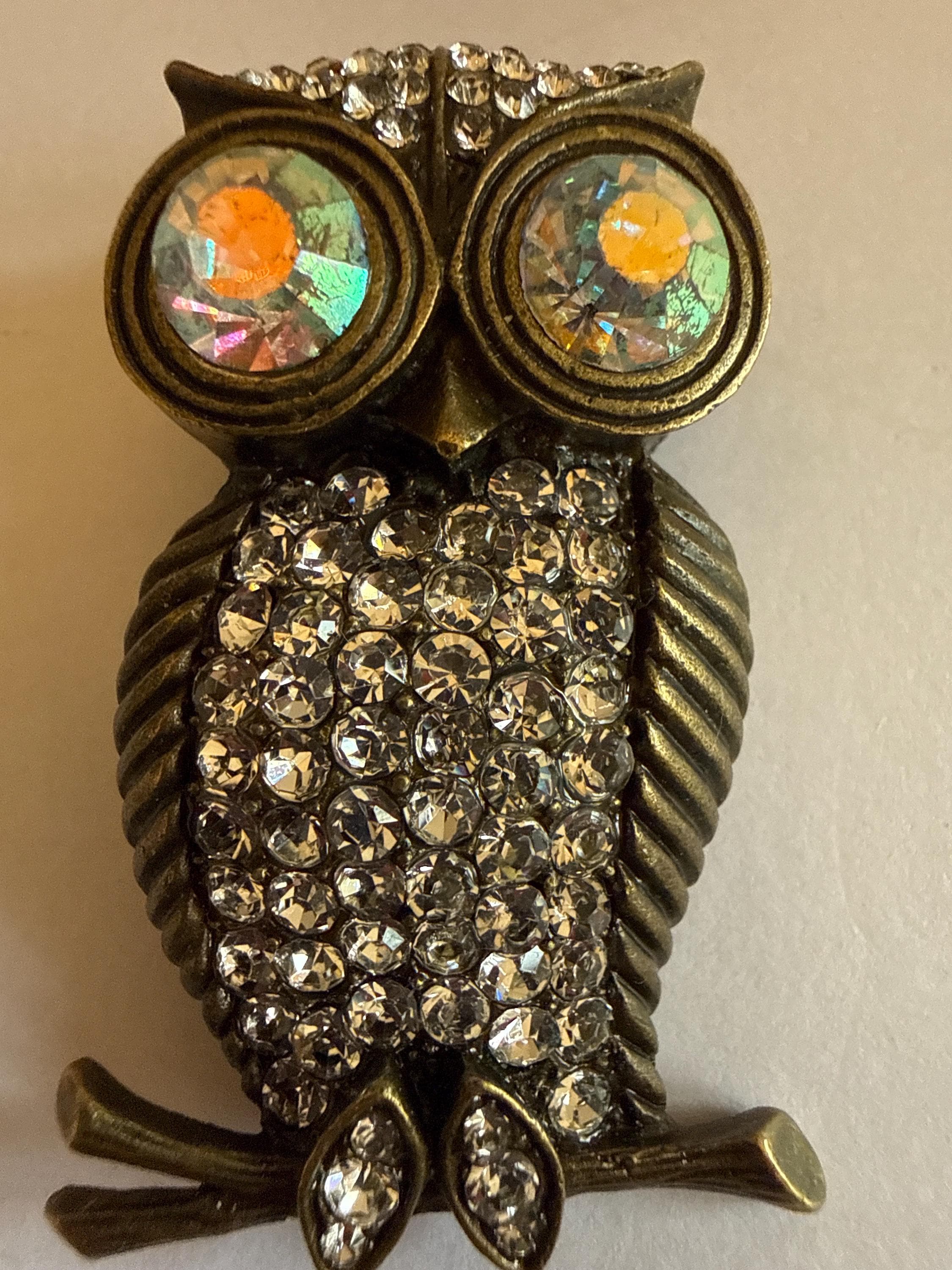 Vintage Owl Brooch Rhinestone Aurora Borealis Eyes Antiqued Brass Tone Figural Pin Statement Jewelry