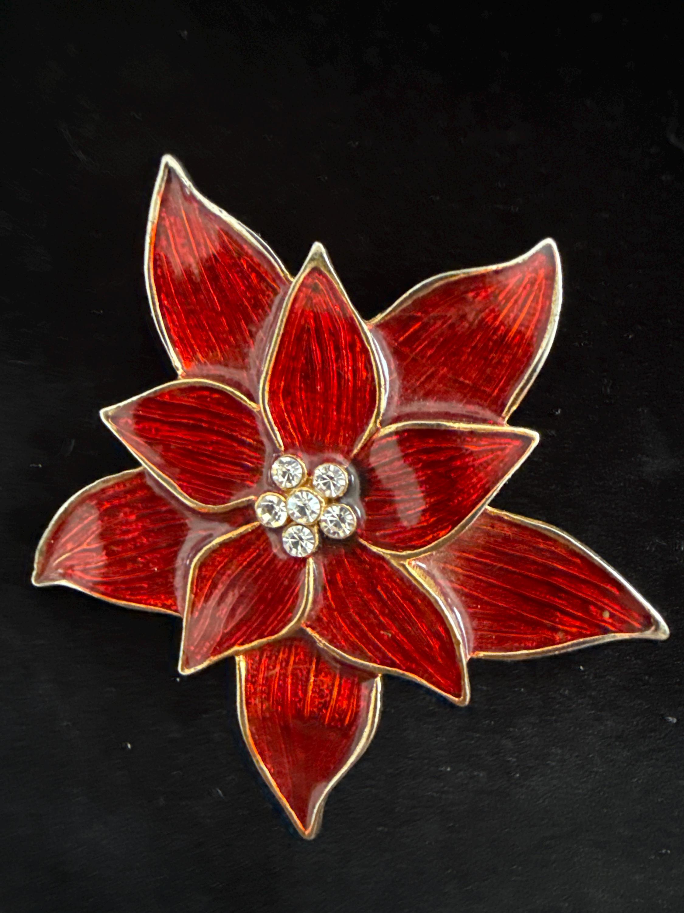 Vintage Style Red Poinsettia Flower Brooch With Rhinestones - Enamel Christmas Pin - View #3