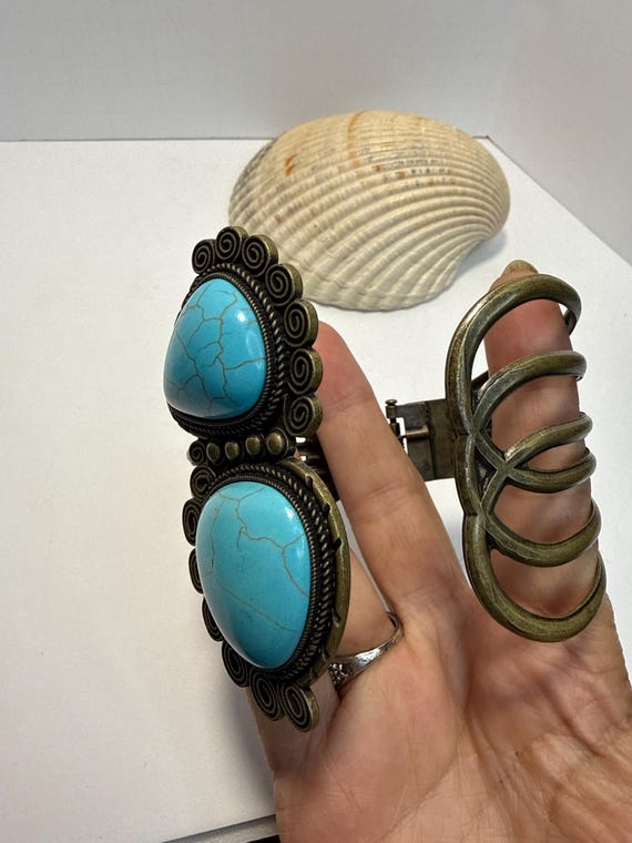 Boho Turquoise Cuff Bracelet Statement Bronze Ton… - image 5