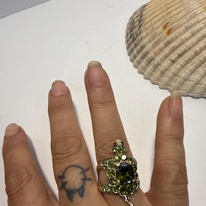 Vintage Gold Tone Turtle Ring with Green Rhinestones, Size 8 Tortoise Statement Jewelry