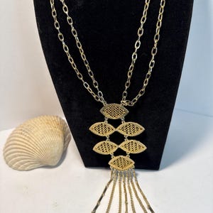 Gold Tone Statement Necklace, Geometric Filigree Tassel Pendant, Boho Tribal Jewelry