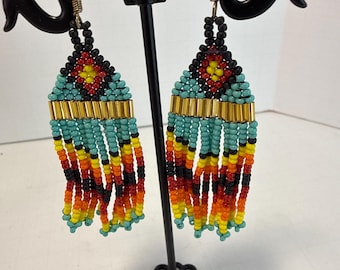 Vintage Southwestern Seed Bead Fringe Earrings – Boho Dangle Statement Jewelry