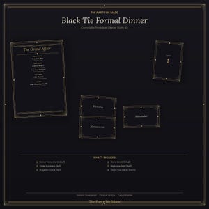 Könnte beinhalten: Ein schwarzes, druckbares Dinner-Party-Set mit goldenen Art-déco-Rändern. Enthält eine Menükarte mit dem Titel The Grand Affair, eine Tischnummer-Karte mit der Zahl 1 und Platzkarten mit den Namen Victoria, Genevieve und Alexander.