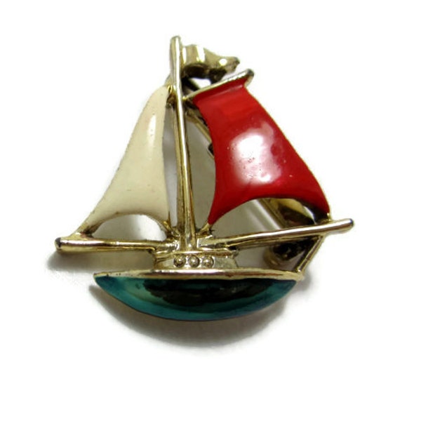 Enamel on Goldtone Pin Red White and (Greenish) Blue Sailboat by GERRY