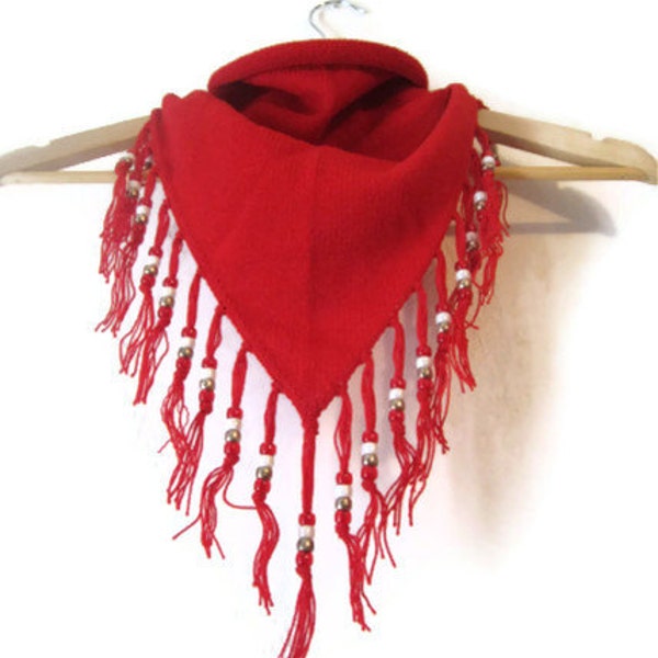 NOS Bright Red Handmade beaded fringed Bandana style Triangle Scarf PRICE REDUCED for the Holidays