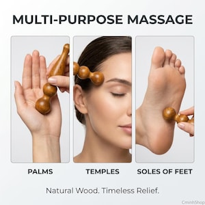 Puede incluir: Imagen de una herramienta de masaje multiusos de madera natural. La herramienta se muestra usándose en las palmas, las sienes y las plantas de los pies. El texto de la imagen dice: "MULTI-PURPOSE MASSAGE", "PALMS", "TEMPLES", "SOLES OF FEET" y "Natural Wood. Timeless Relief."
