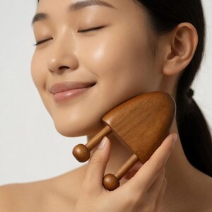 May include: A wooden facial massager with a rounded handle and two cylindrical knobs. The massager is held against the cheek, suggesting a skincare routine. The wood has a warm, natural tone.