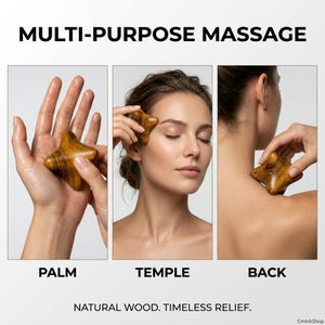 Puede incluir: Se muestra una herramienta de masaje de madera en forma de estrella que se utiliza en la palma, la sien y la espalda. El texto "MULTI-PURPOSE MASSAGE" está en la parte superior, con "PALM", "TEMPLE" y "BACK" debajo de las imágenes. El texto "NATURAL WOOD. TIMELESS RELIEF." está en la parte inferior.