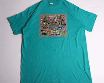 Vintage Munsingwear Slammer USA Teal Embroidered Animal Scene T-Shirt XL Cotton