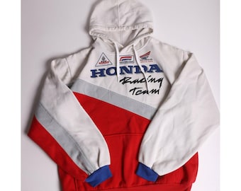 Vintage 80s Honda Racing Team Hoodie Colorblock Pullover White Red Grey Blue Sma