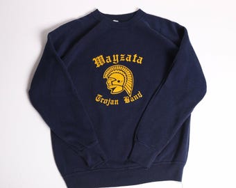 Vintage 70s Artcraft Wayzata Trojan Band Sweatshirt Navy Blue Raglan Medium