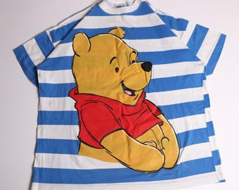 Vintage Disney Winnie the Pooh Striped T-Shirt Blue White Large Made in USA