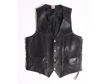 Vintage 80s Black Leather Biker Vest Buffalo Nickel Snaps Heavy Leather USA 42