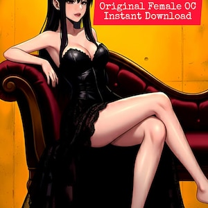 Puede incluir: Ilustración digital de una mujer con un vestido negro, sentada en una chaise longue roja sobre un fondo amarillo. El vestido tiene una falda de encaje y un corpiño. El texto de la imagen dice "Original Female OC Instant Download."