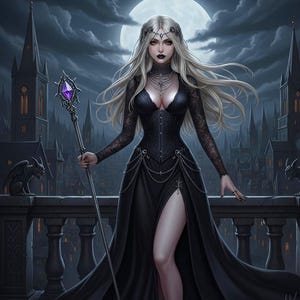 Puede incluir: Ilustración digital de una mujer con un vestido gótico negro con una abertura alta, sosteniendo un báculo con una gema púrpura. Tiene el pelo largo y rubio y está de pie en un balcón con vistas a una ciudad de noche, con una luna llena en el fondo.